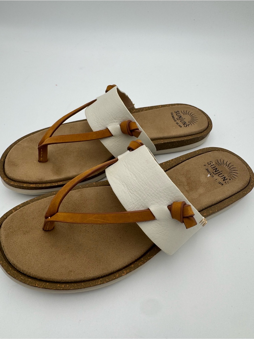 Sunjuns White and Brown Leather Slide Sandals for Women